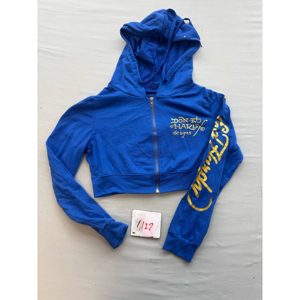 Ed Hardy Blue Cropped Zip Up Hoodie Y2K Tiger Graphic Gold Logo Streetwear